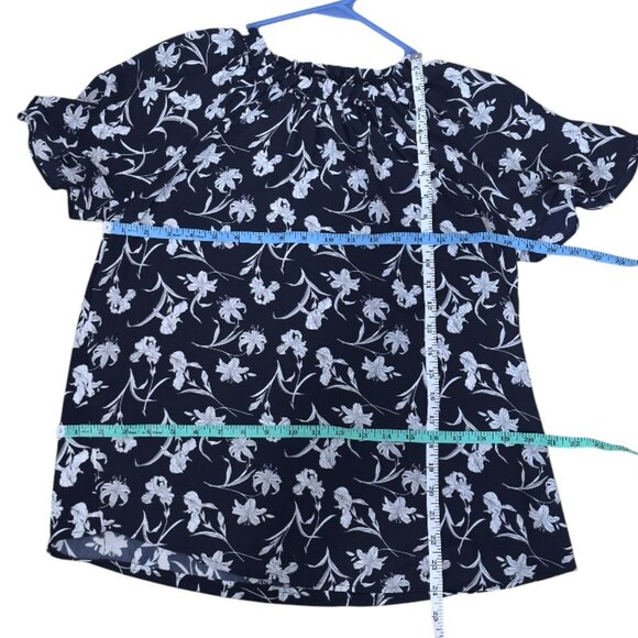 Ann Taylor Floral Swing Top with Flutter Sleeves | Navy Blue | Small - Picture 6 of 6